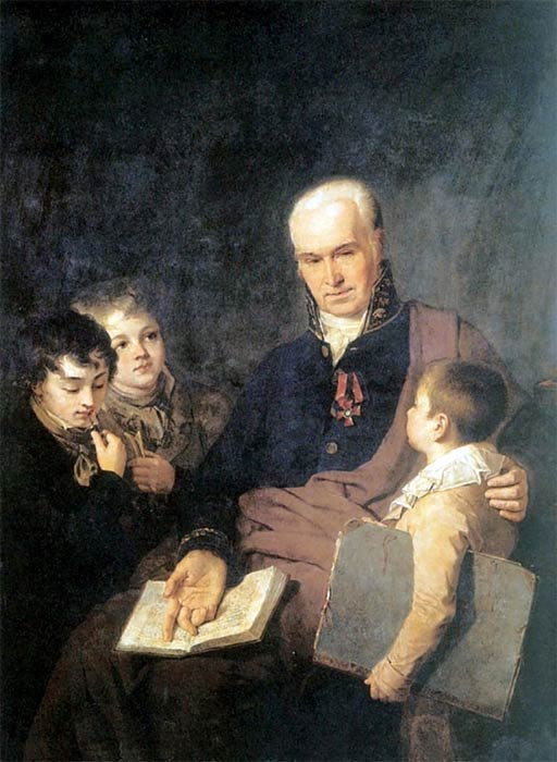 Венецианов, Портрет К. И. Головаческого, инспектора Академии художеств, с тремя воспитанниками